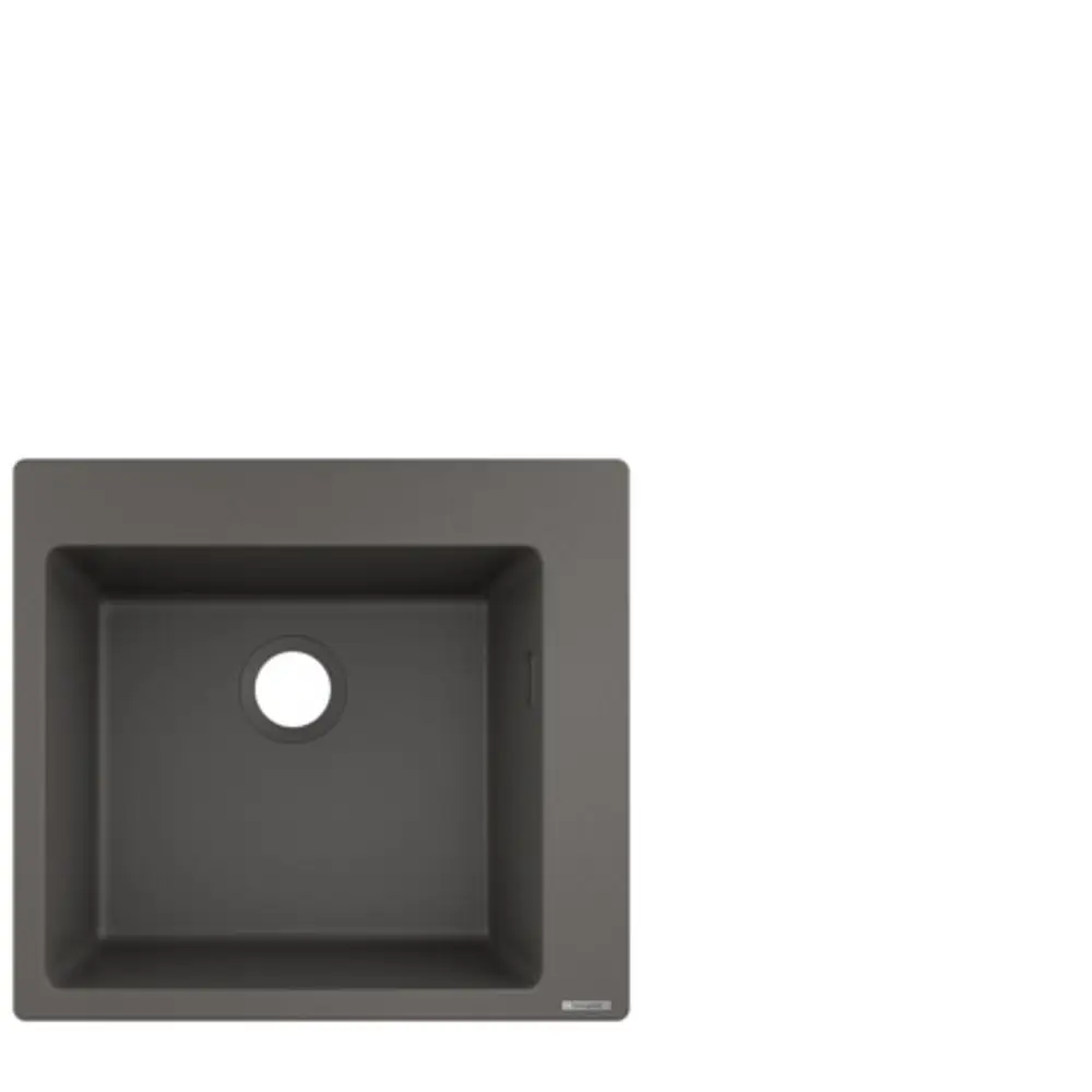 Einbauspüle von Hansgrohe in Steingrau, quadratisches Design mit Rundung und zentralem Abflussloch.